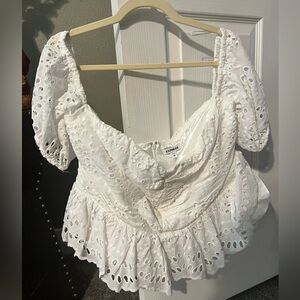 White lace peplum off-the-shoulder crop top